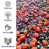 A colorful Halloween-themed sensory bin filler with various shapes and textures, perfect for creative play and sensory exploration.